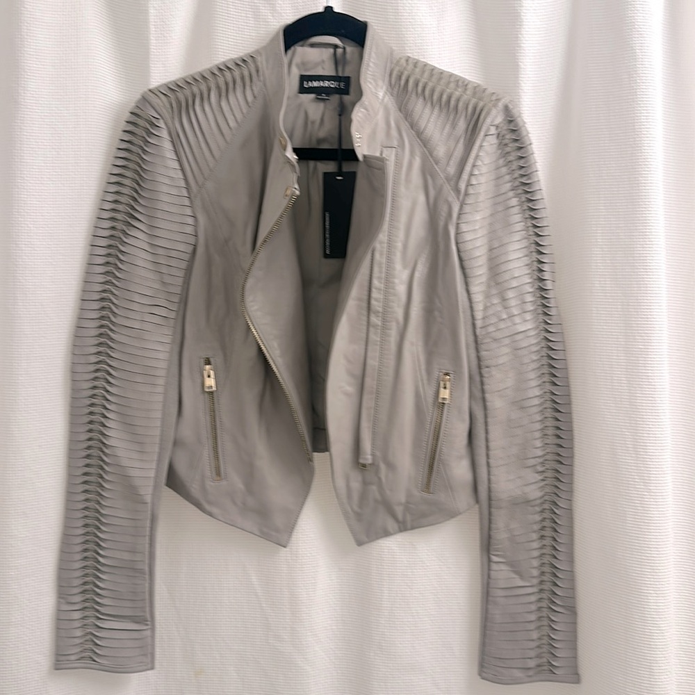 Lamarque Azra leather updated moto jacket sz S Ash Grey